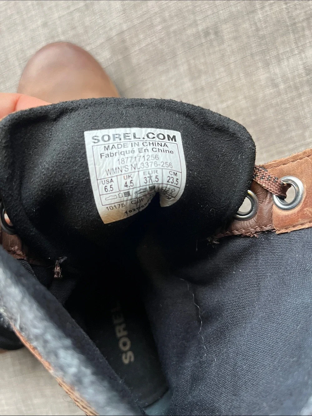 Sorel Lexie Wedge Boots Waterproof Brown Leather Gray Felt 6.5